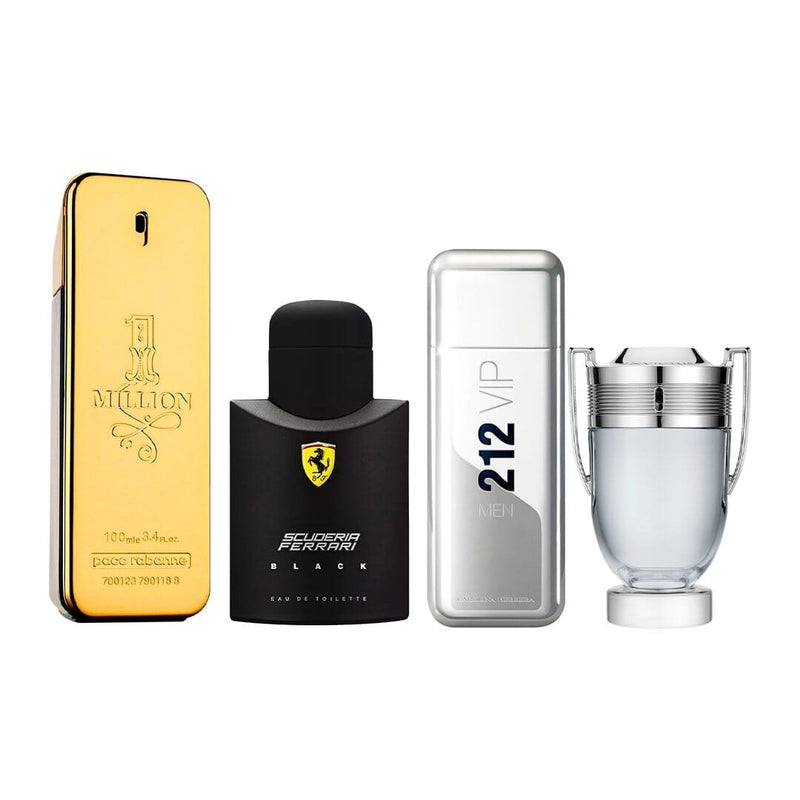Combo de 4 Perfumes Masculinos - 1 Million, Ferrari Black, 212 VIP NYC e Invictus